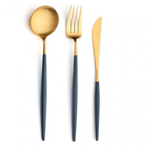Goa Blue Matte Gold, Cutipol - colher de servir, garfo de trinchar carne, faca de trinchar carne