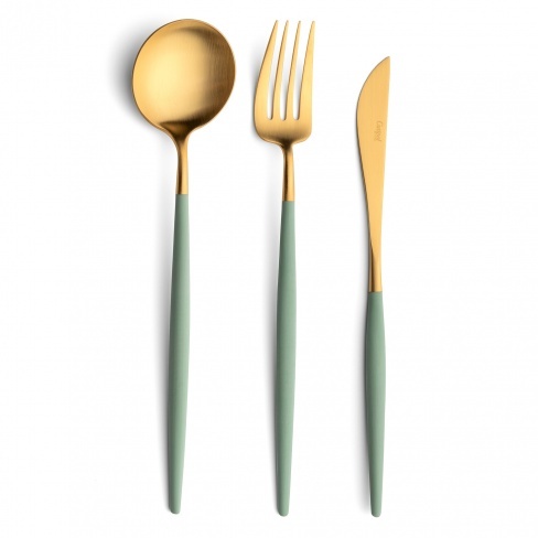 Goa celadon matte gold, Cutipol - colher de servir, garfo de trinchar carne, faca de trinchar carne